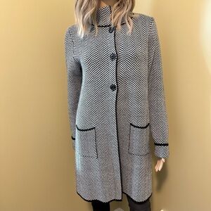 Cocogio Italy Black and White Herringbone Sweater Coat Merino Wool Blend